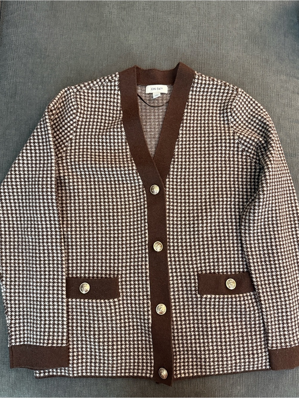 Macy's On 34th Brown/White Houndstooth Button Cardigan Sweater